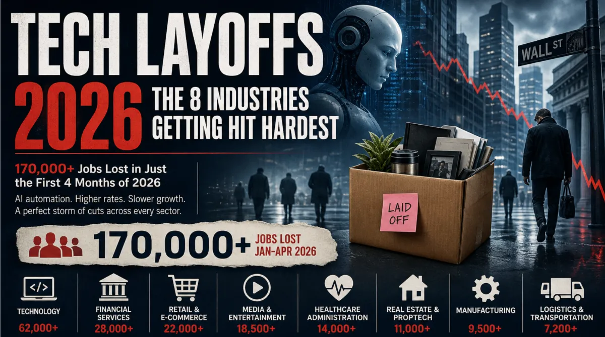 bar chart showing the eight industries with the most layoffs in early 2026