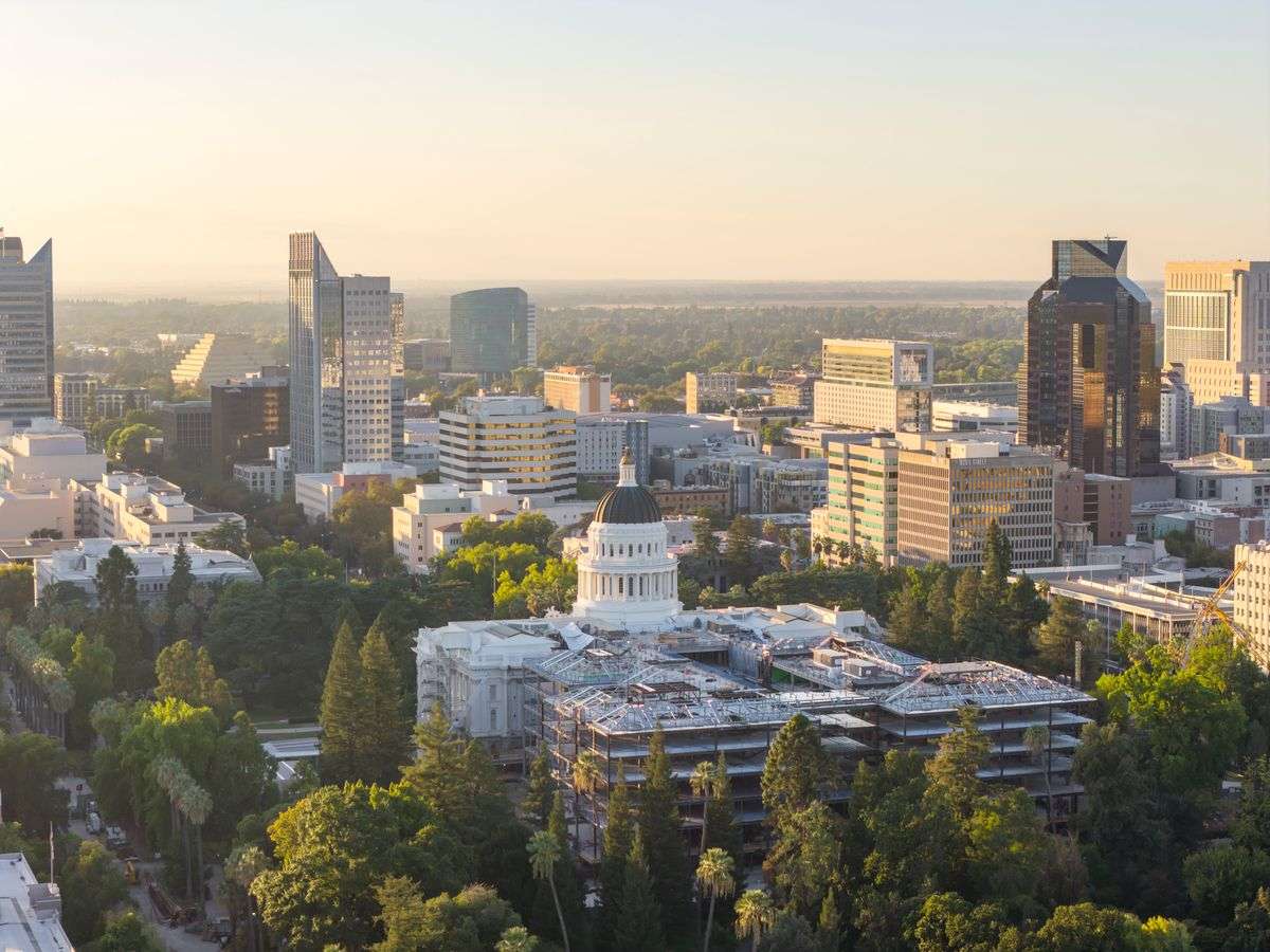 Sacramento skyline and the California State Capitol at dusk