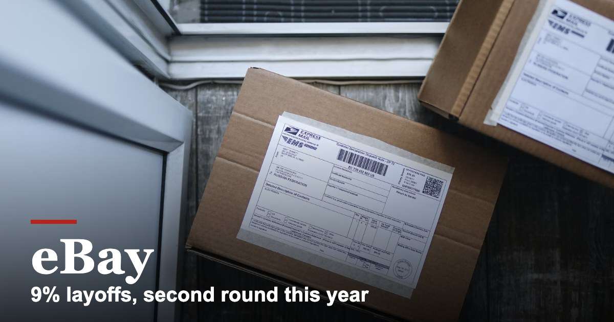 Delivery boxes at a front door, with the text eBay: 9% layoffs, second round this year