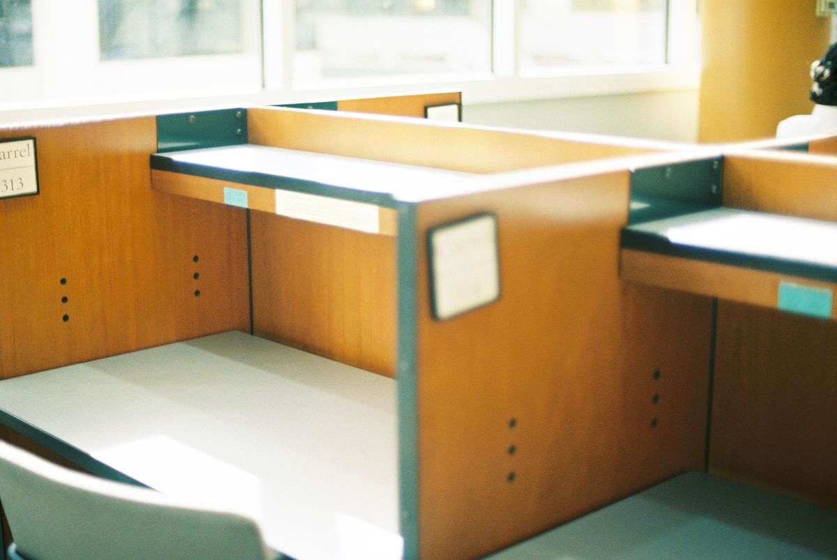 Empty desks in a sunlit office