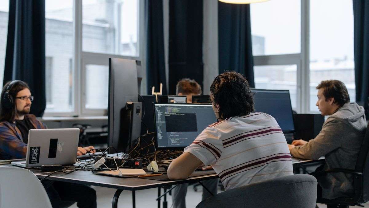 People working at computers in a software office